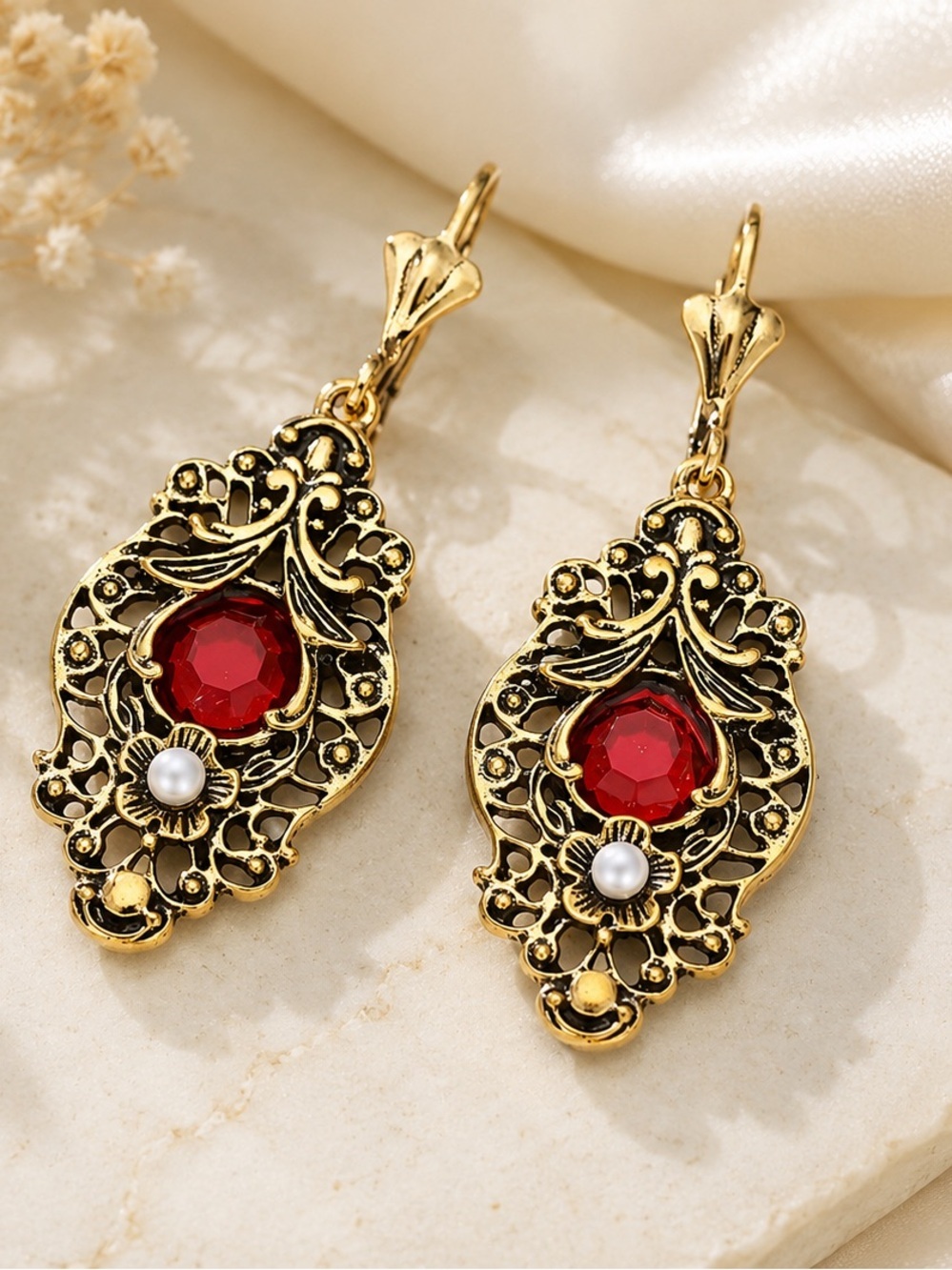 Vintage Ruby Filigree Drop Earrings | Gold Tone Statement Earri - Picture 2 of 3